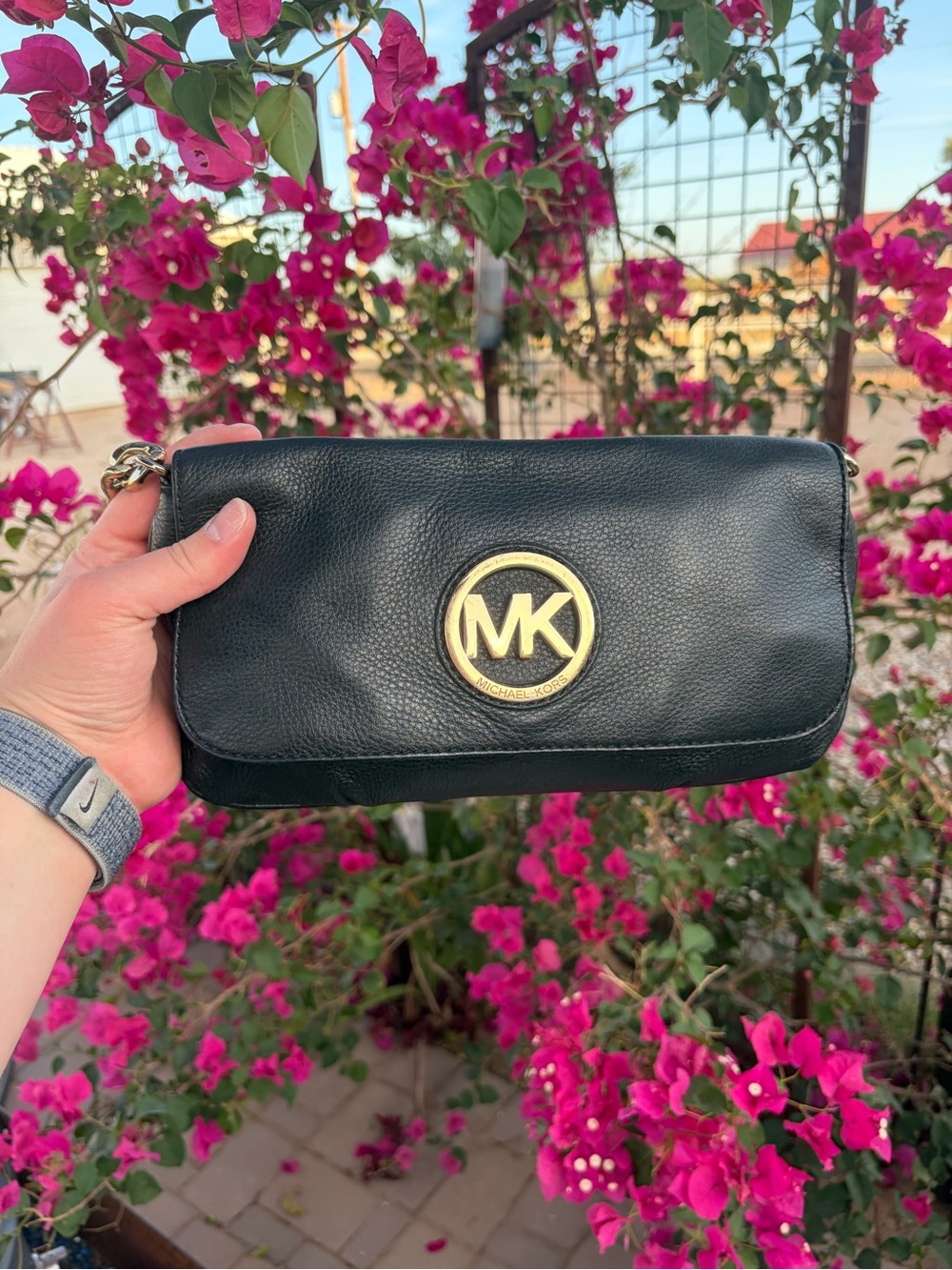 Michael Kors Black Leather Shoulder Bag with Gold MK Emblem